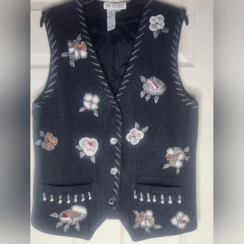 Vtg Together L Charcoal Gray Embroidered WOOL Blend Lined Pockets Women's Vest